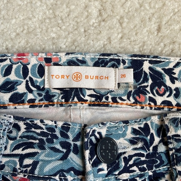 Tory Burch Floral Printed Straight Leg Pants Women’s 26 Blue and Pink - Picture 2 of 7